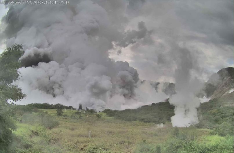 PHIVOLCS monitoring image from Batangas: Taal Volcano releases a dense plume during its January 2020 eruption.